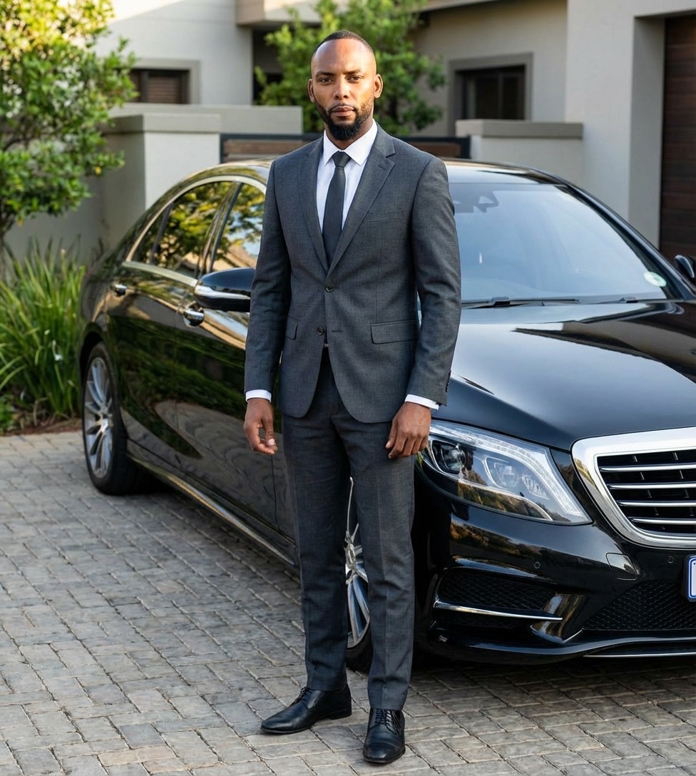 Drive Luxury chauffeur standing beside a black luxury sedan